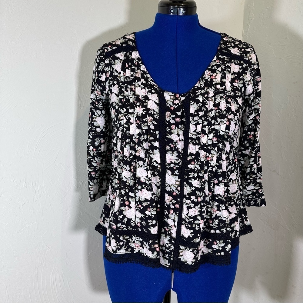 Maeve Black Floral Pleated Blouse with Pink and White Flowers